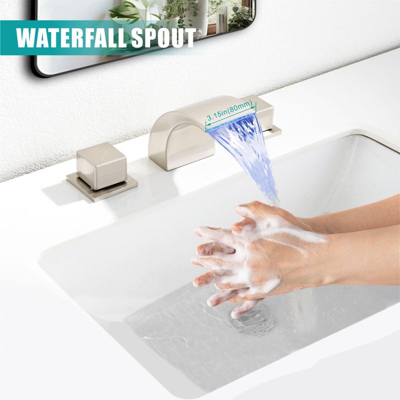 SKOWLL 2 Handle LED Bathroom Faucet, Brushed Nickel Waterfall Deck Mount Roman Tub Faucets, 8 Inch Widespread Modern Vanity Sink Faucet for 3 Hole - Image 5